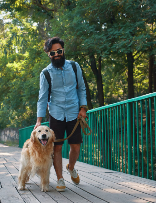 Morning walk with dog. Young man with his labrador retriever on the wood bridge with trees and sun light in background.